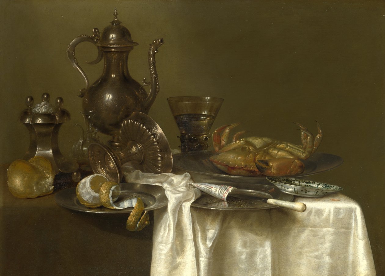 Natürmort: Kalay, Gümüş Kaplar ve Yengeç, yaklaşık 1636 by Willem Claesz. Heda