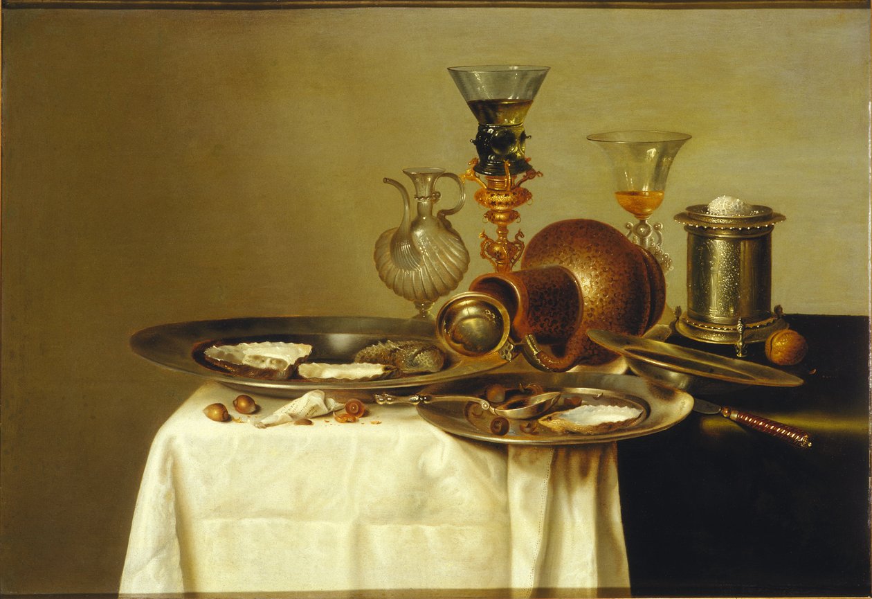 Yaldızlı bir stand, taş eşya ve istiridye üzerinde bir roemer ile natürmort, 1637. by Willem Claesz. Heda