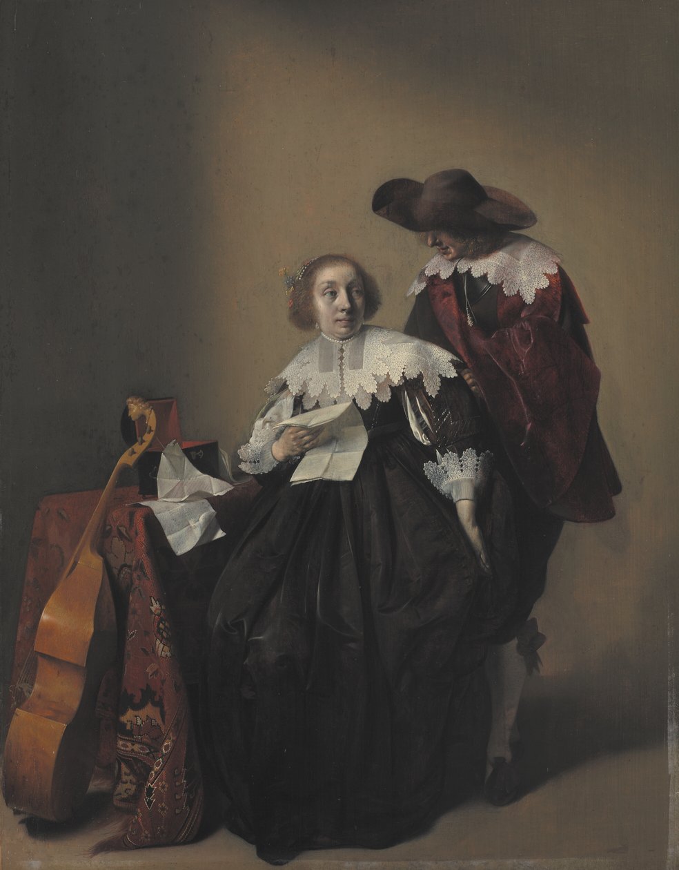 Mektup Oturan Bir Kadın, Yanında Duran Bir Bey by Willem Cornelisz Duyster