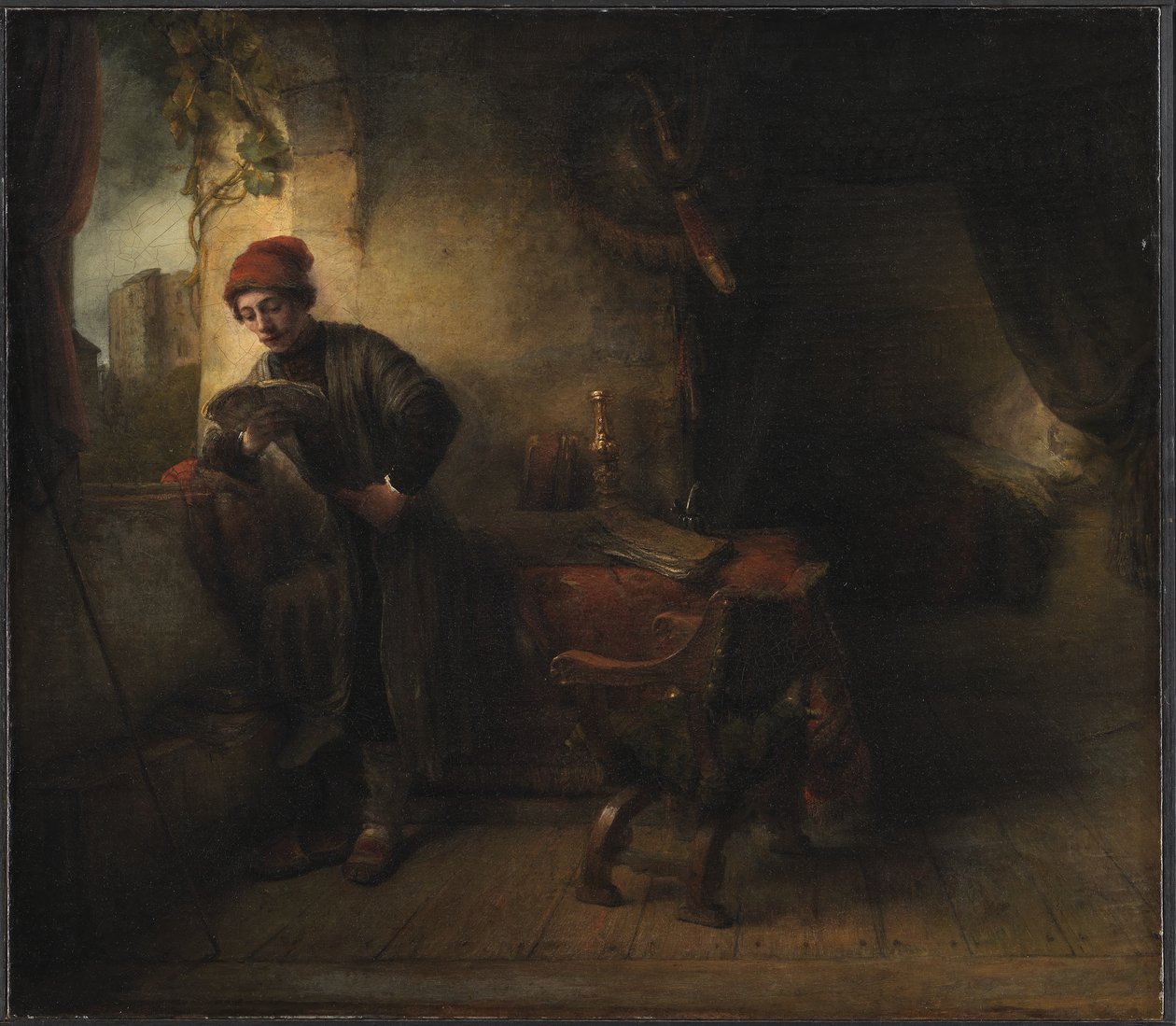 "Öğrenci" olarak bilinen çalışma okumasında pencerede duran genç adam by Willem Drost