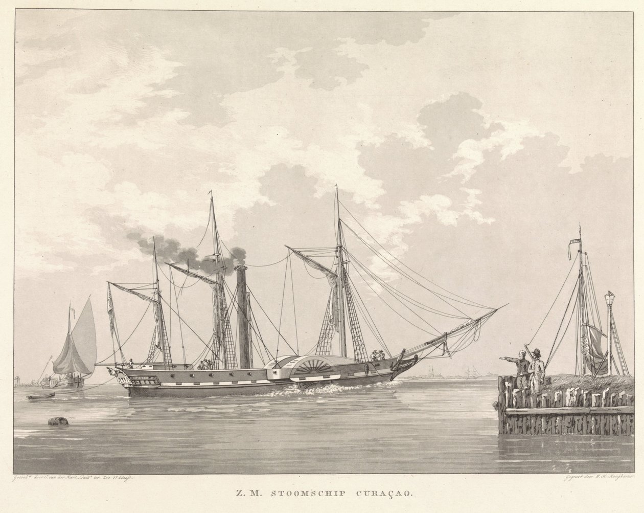 Bir iskelede çarklı vapur Z.M. Steamship Curaçao (nesnedeki başlık) by Willem Hendrik Hoogkamer