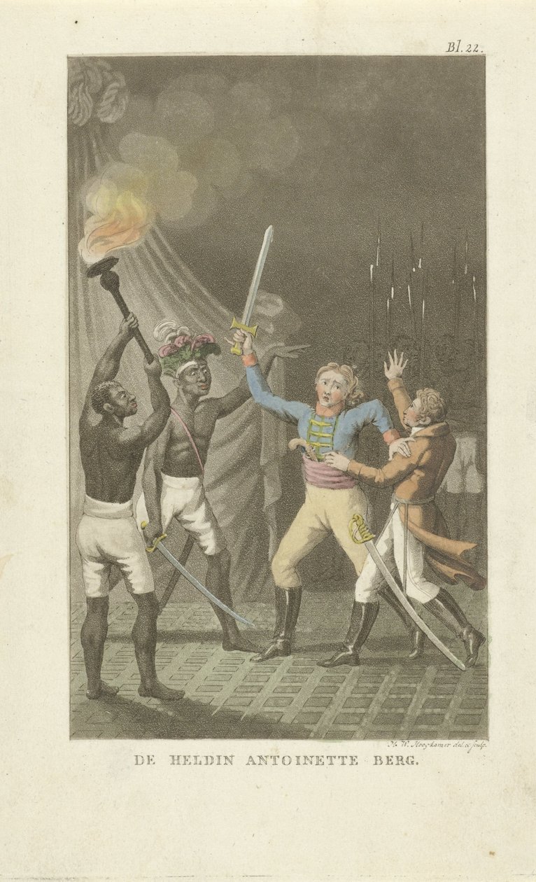 İki siyah adamla kılıçlı iki figür Kahraman Antoinette Berg (nesne üzerindeki başlık) by Willem Hendrik Hoogkamer