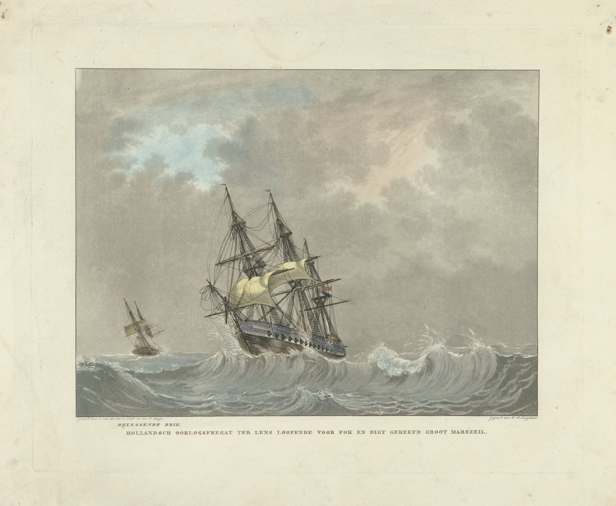 Yüksek dalgalarda yelkenli gemi, rıhtım gemisi. Hollanda savaş fırkateyni pergel ve yakın resifli büyük mansail için koşuyor (nesnedeki başlık) by Willem Hendrik Hoogkamer