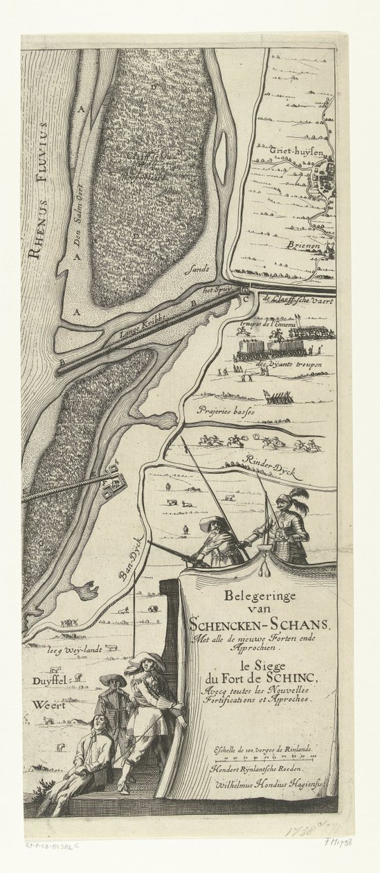 Schenckenschans Kuşatması (sağda), 1635 Belegeringe van Schencken-Schans, Her şeyin üstesinden gelme Forten ende Approchen / le Siege du Fort de schinc, Avecq toutes les Nouvelles Tahkimatı ve Yaklaşımları (nesne üzerindeki başlık) by Willem Hondius