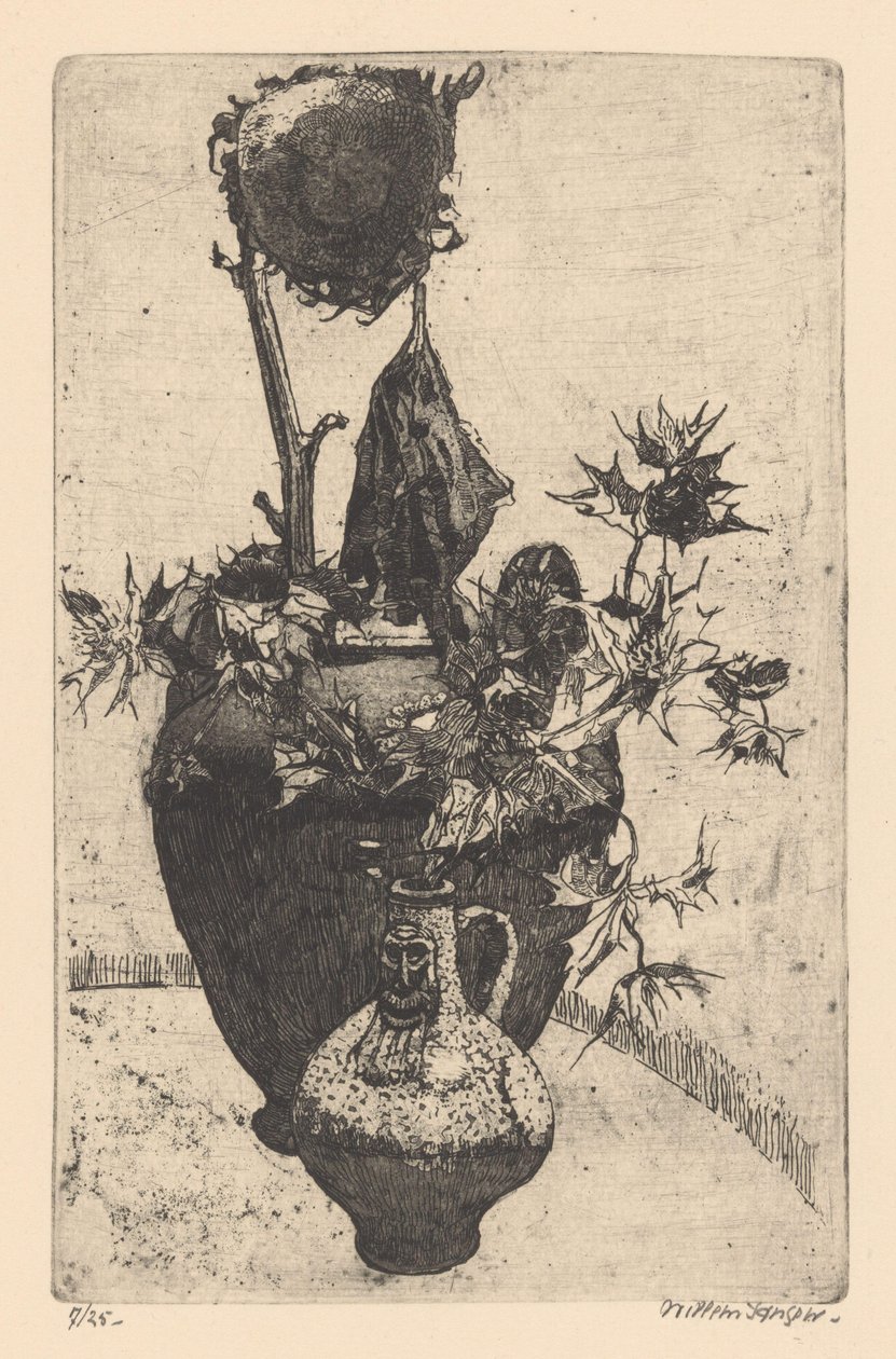 Solmuş ayçiçeği ile natürmort by Willem Jansen (graveur) (signed by artist)