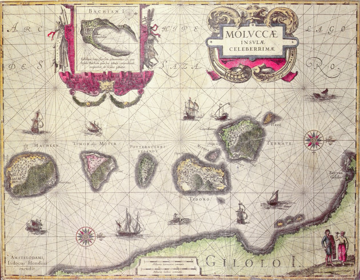 Molucan Adası Haritası, Jodocus Hondius tarafından oyulmuş, 1630 (renkli gravür) by Willem Janszoon Blaeu