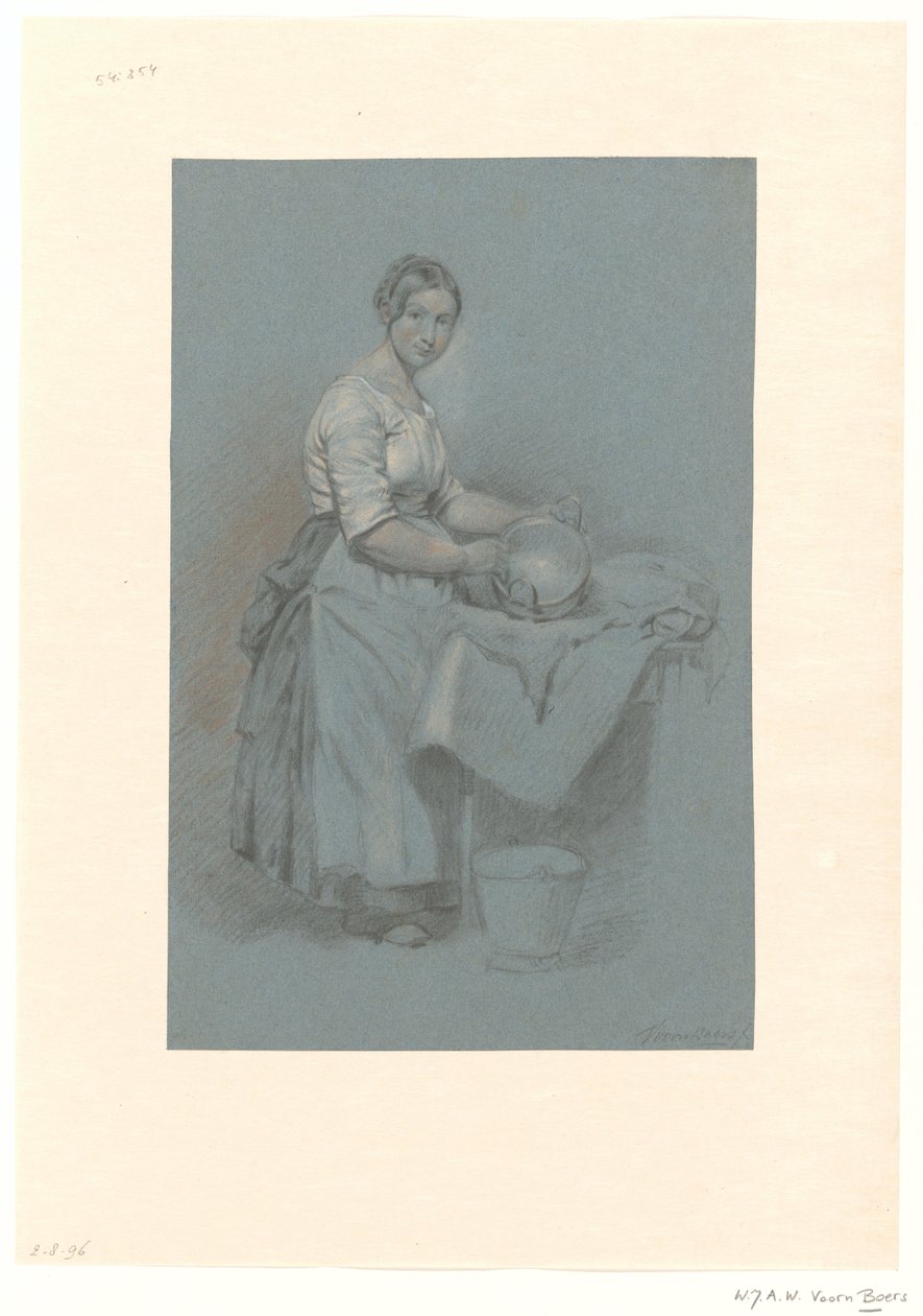Bakır tava ile masanın yanında duran hizmetçi by Willem Johannes Adrianus Wijnandus Voorn Boers