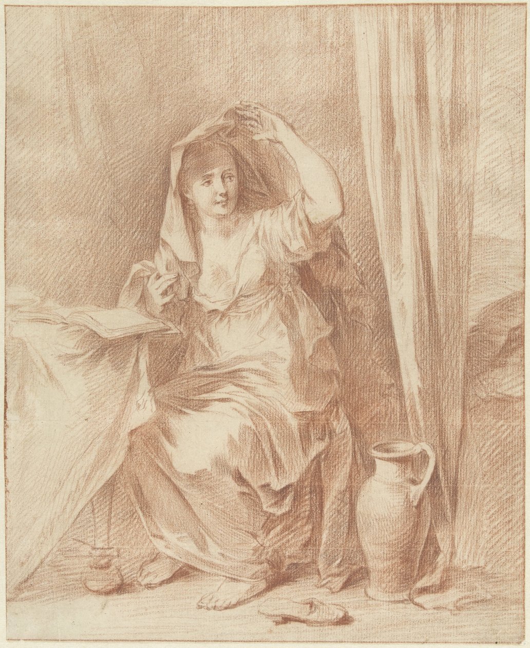Bir kitabın arkasında bir masada oturan kadın by Willem Joseph Laquy