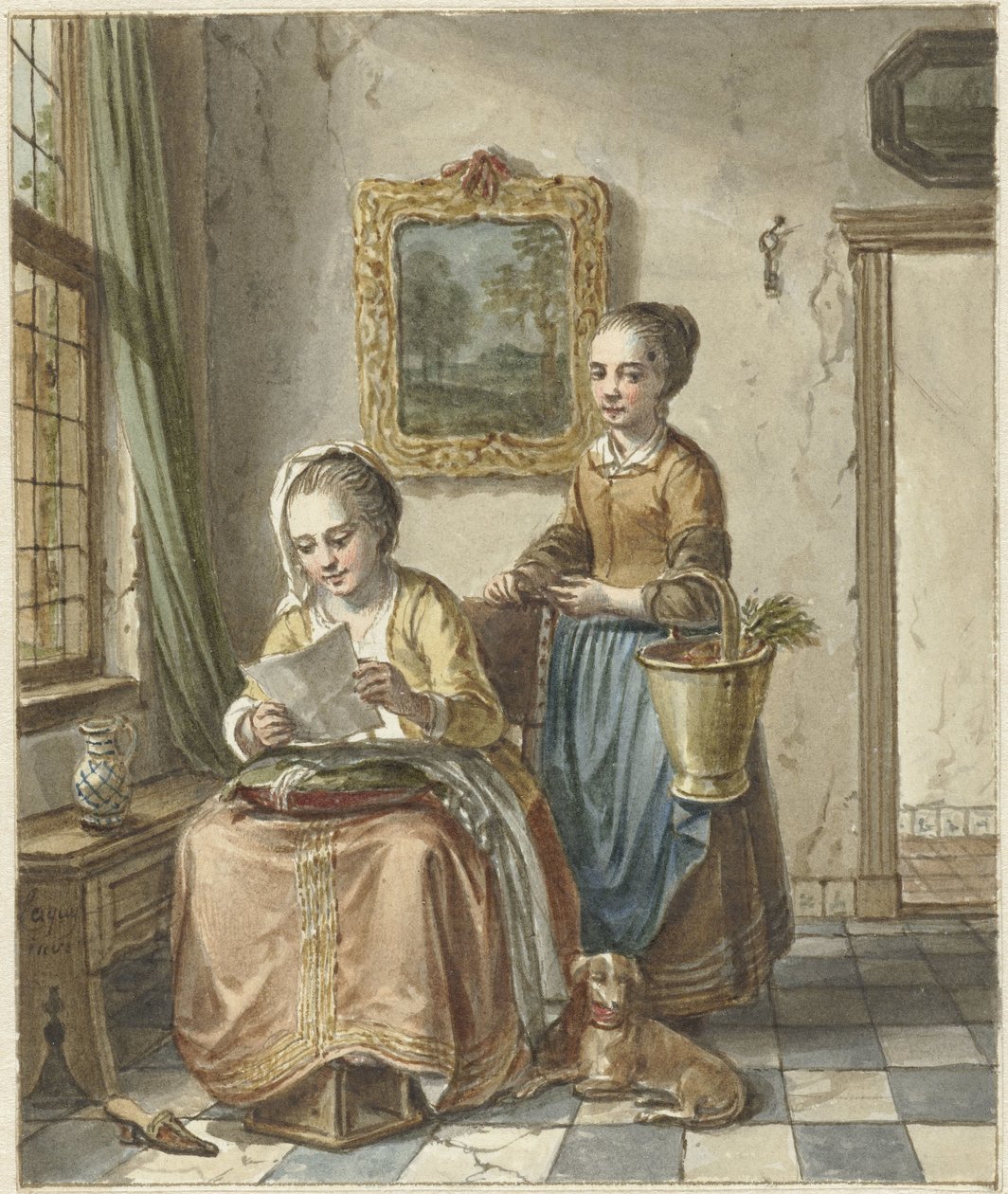 Bir hizmetçi ile oturan kadın, bir mektup okuyor by Willem Joseph Laquy