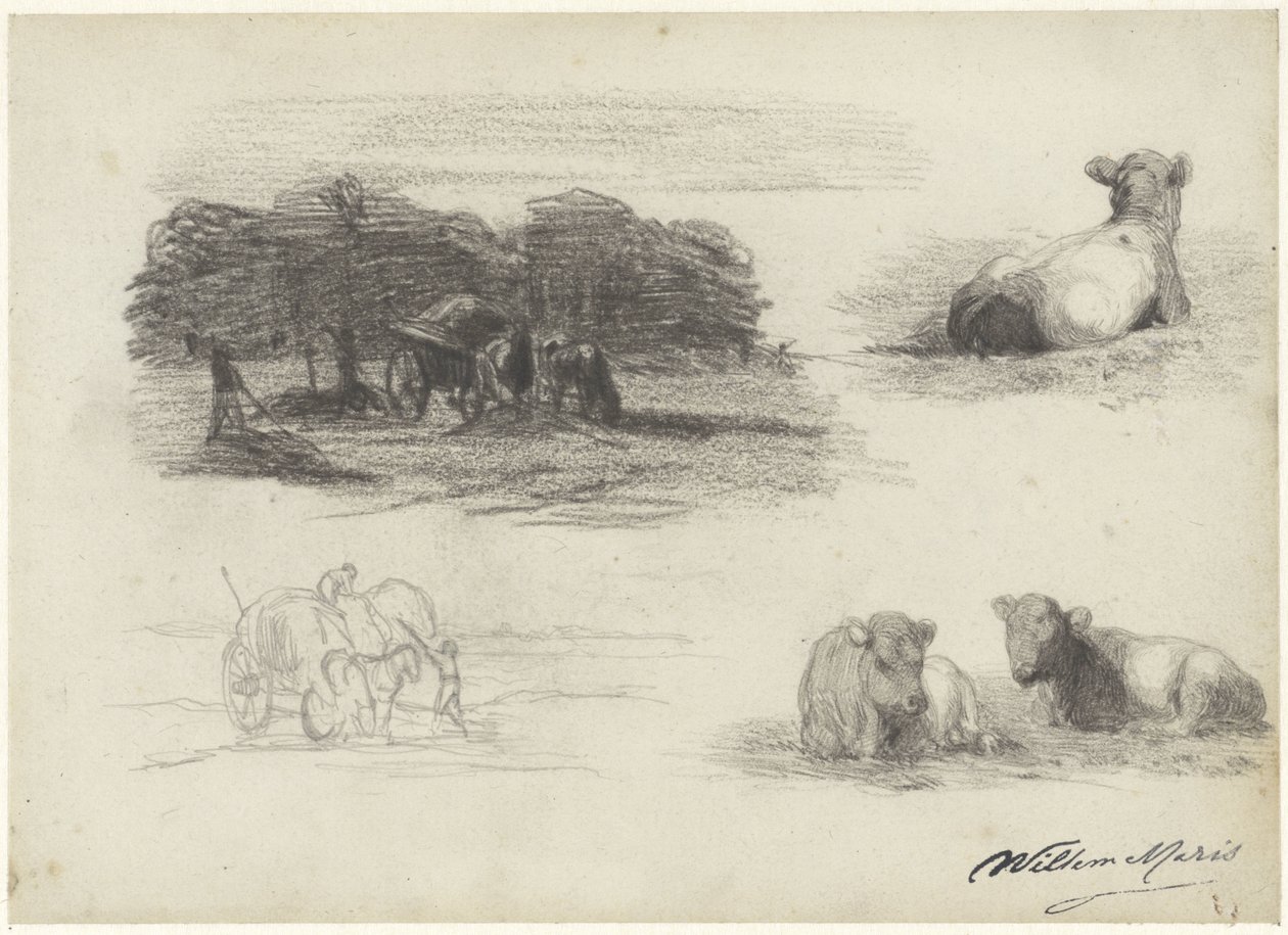 Hasatçılar ve ineklerin dört çizimi by Willem Maris
