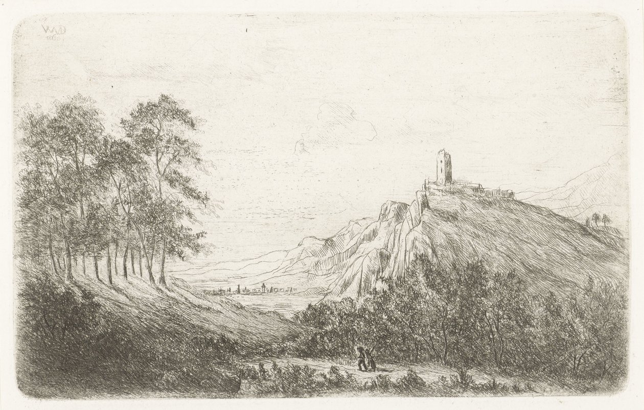 Dağın tepesinde kale ile dağ manzarası by Willem Matthias Jan van Dielen