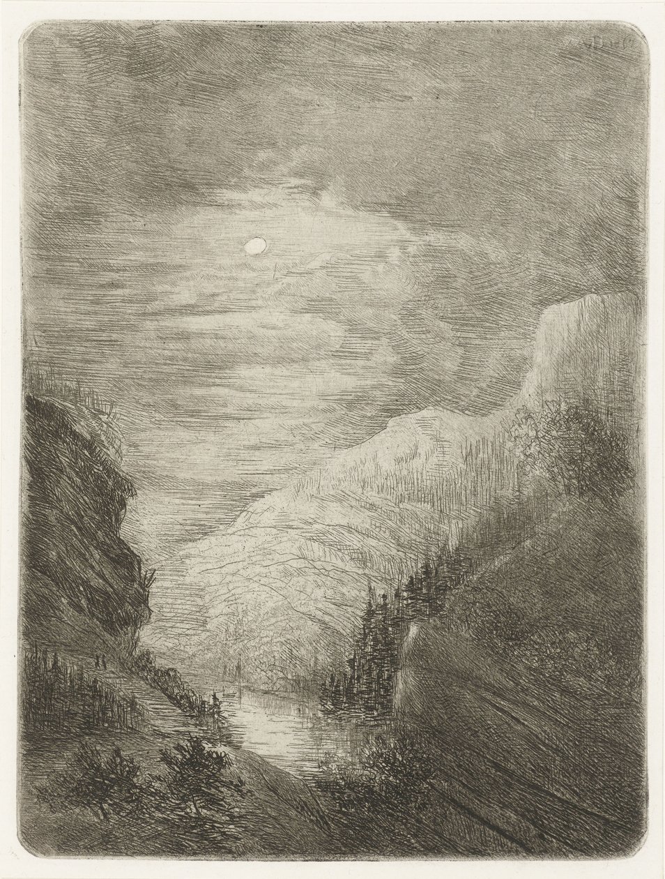 Ay ışığında nehir ile dağ manzarası by Willem Matthias Jan van Dielen