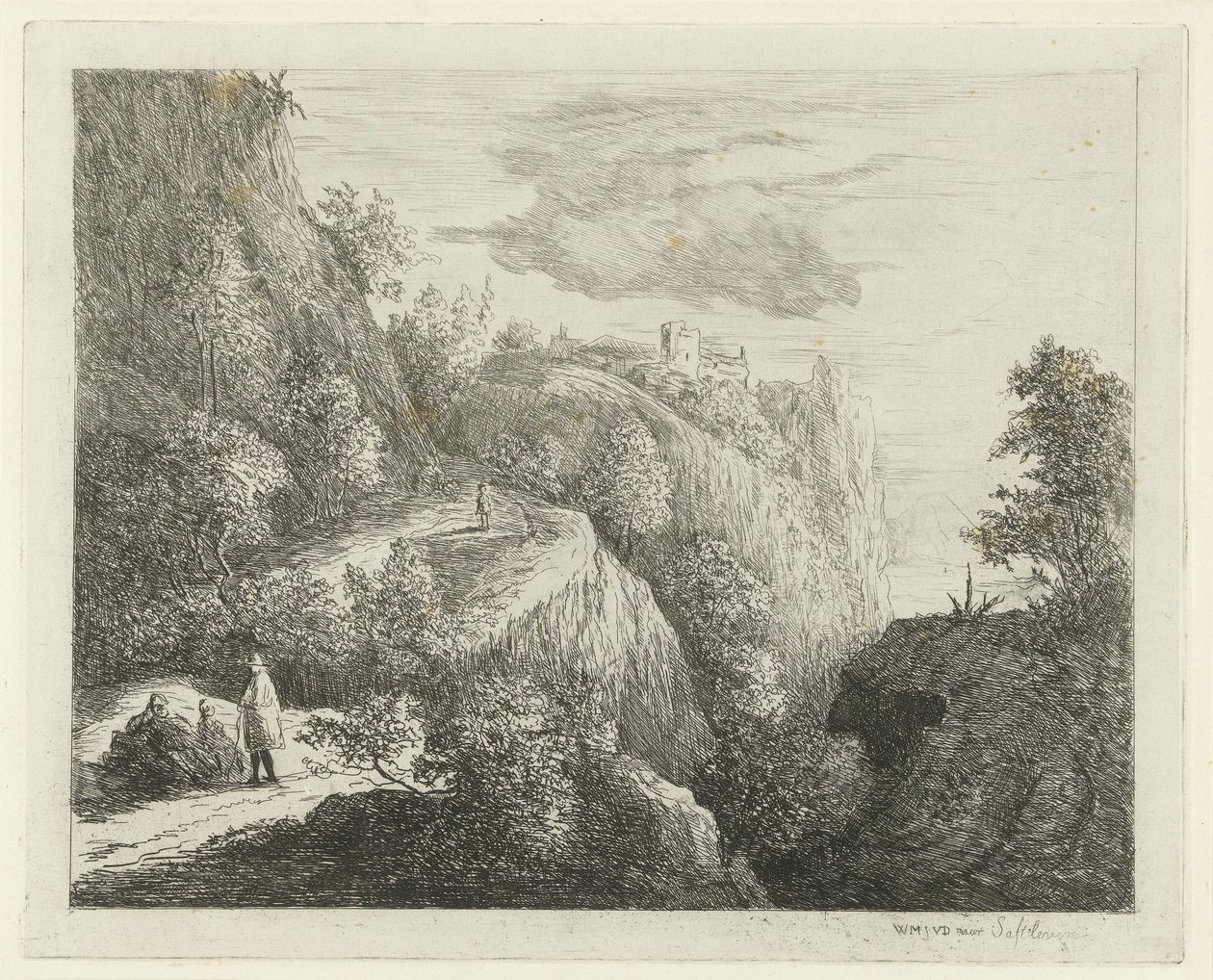 Yolun kenarında dinlenme figürleri olan dağ manzarası by Willem Matthias Jan van Dielen