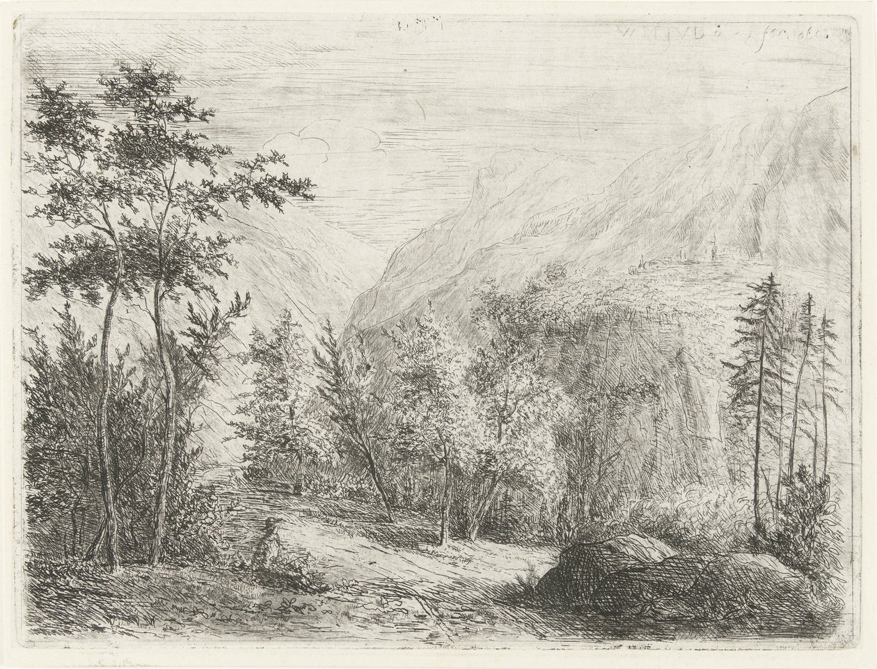 Yol boyunca dinlenme figürü olan dağ manzarası by Willem Matthias Jan van Dielen