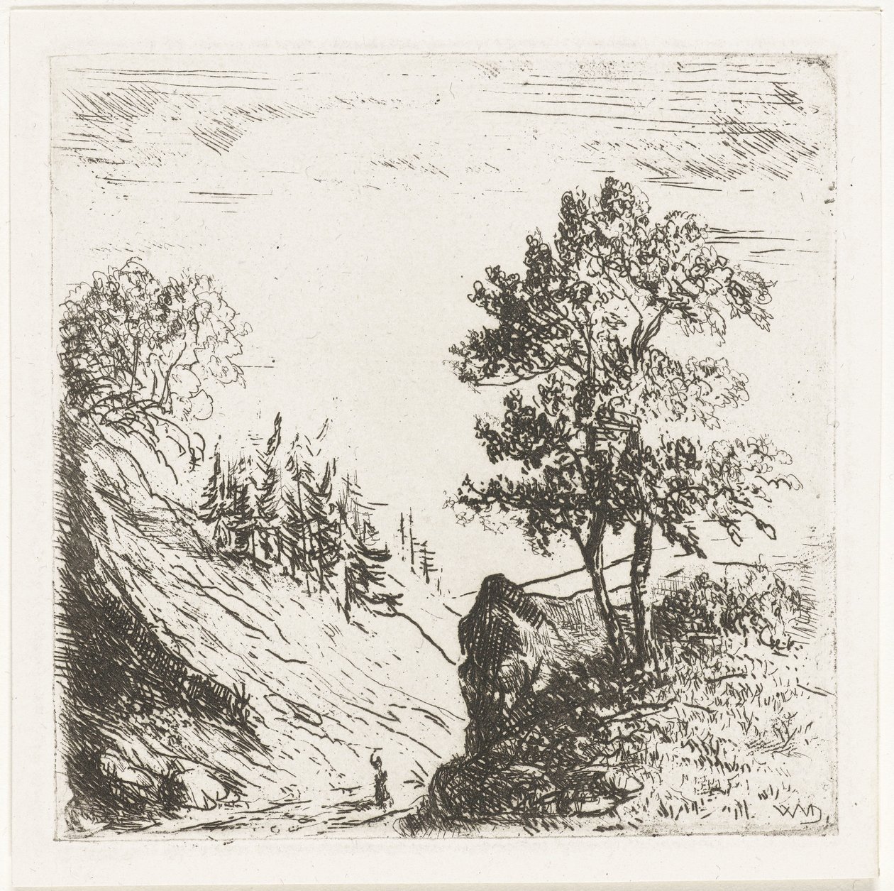 Bir kayanın üzerinde iki ağaç ile tepelik manzara by Willem Matthias Jan van Dielen