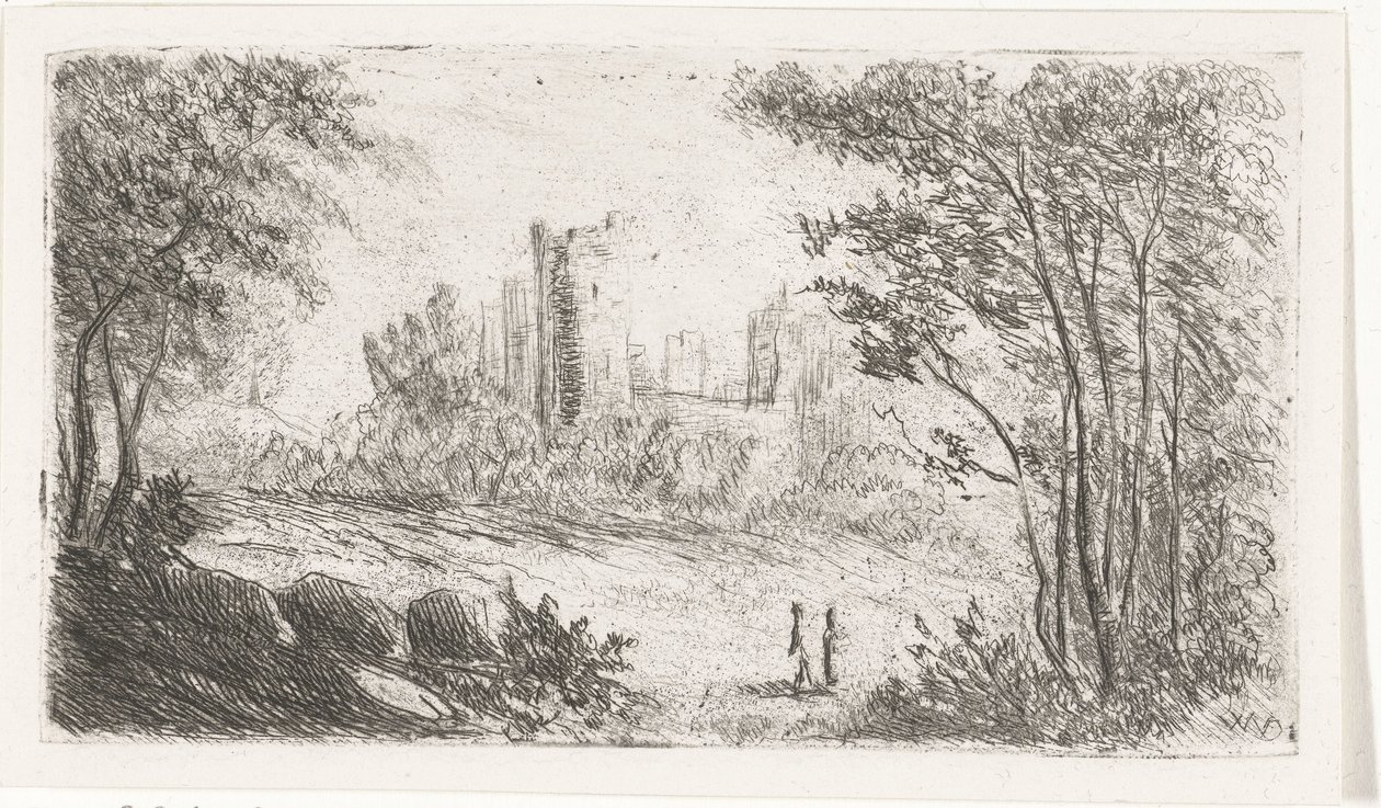 Bir kale kalıntıları ve iki figür ile manzara by Willem Matthias Jan van Dielen