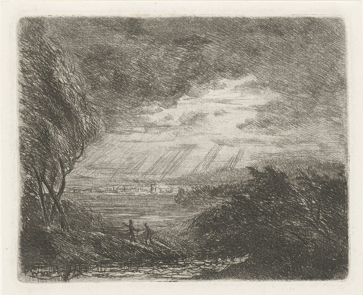 Fırtına ve yağmurda iki figürlü manzara by Willem Matthias Jan van Dielen