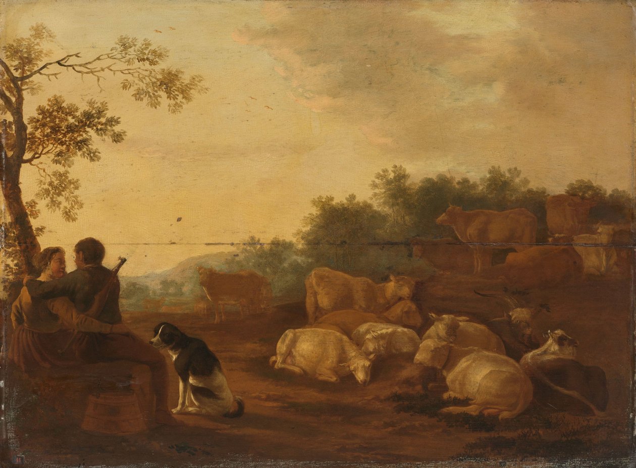 Çoban, çoban ve sığır ile manzara by Willem Ossenbeeck
