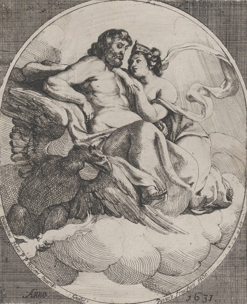 Jüpiter ve Juno bulutların üzerinde oturuyorlar, solda şimşekler tutan bir kartal, 1631. by Willem Panneels