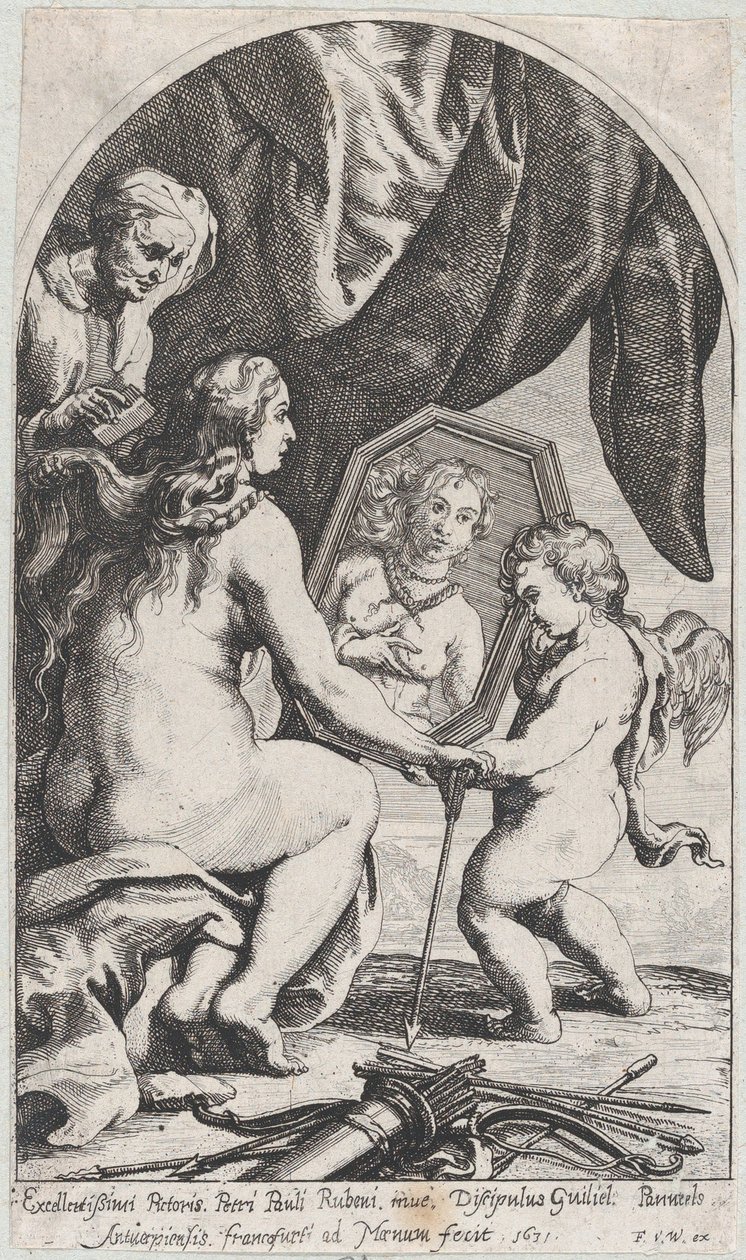 Venüs, saçları yaşlı bir kadın tarafından taranırken Cupid tarafından tutulan bir aynanın önünde, 1631. by Willem Panneels