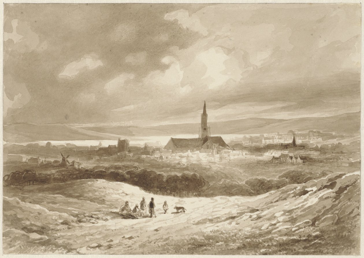 Bir gölün üzerinde bir şehrin tepelerinden görünüm by Willem Pieter Hoevenaar