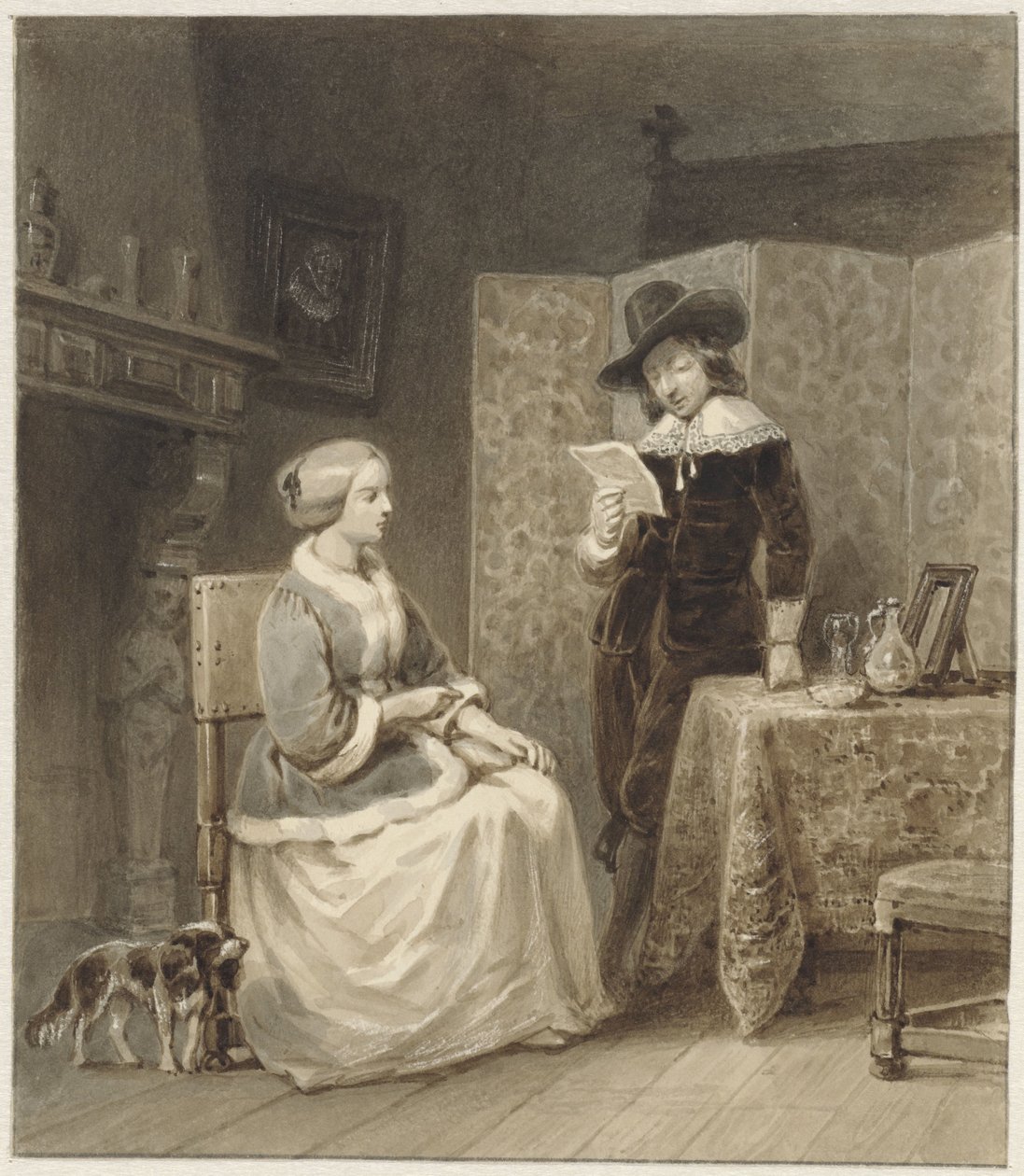 Oturan kadın ve ayakta, adam okuma ile tarihi iç by Willem Pieter Hoevenaar