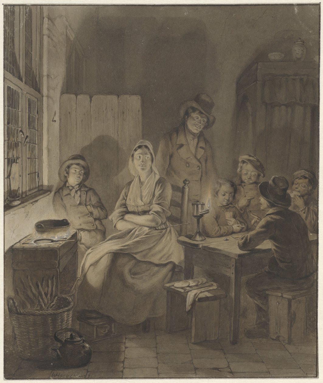 Mum ışığında masanın etrafında bir grup insanla iç mekan by Willem Pieter Hoevenaar