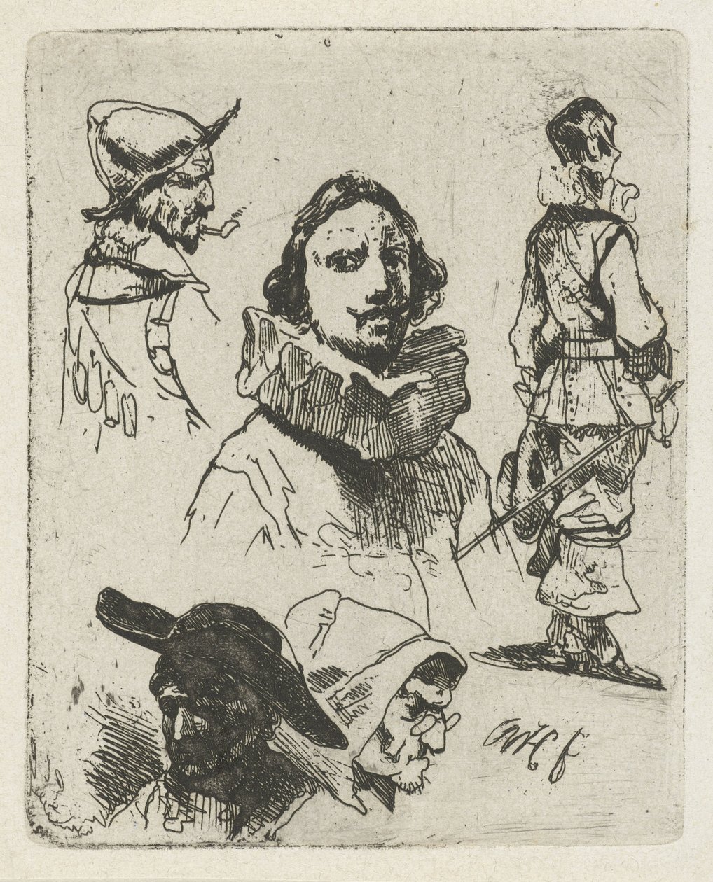 Askerler ve yaşlı bir kadınla çalışma sayfası by Willem Pieter Hoevenaar
