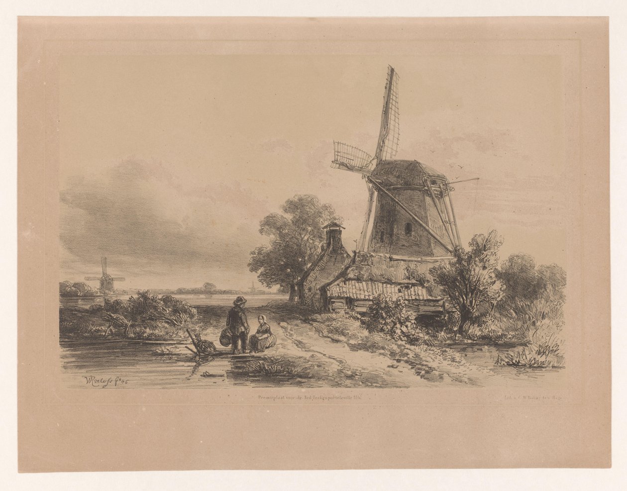 İki figürlü bir manzarada yel değirmeni by Willem Roelofs (I)