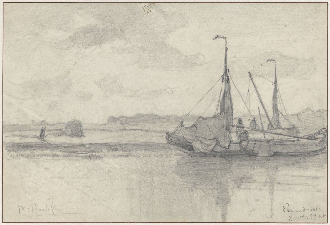 Papendrecht'te bir manzarada balıkçı tekneleri by Willem Roelofs (I)