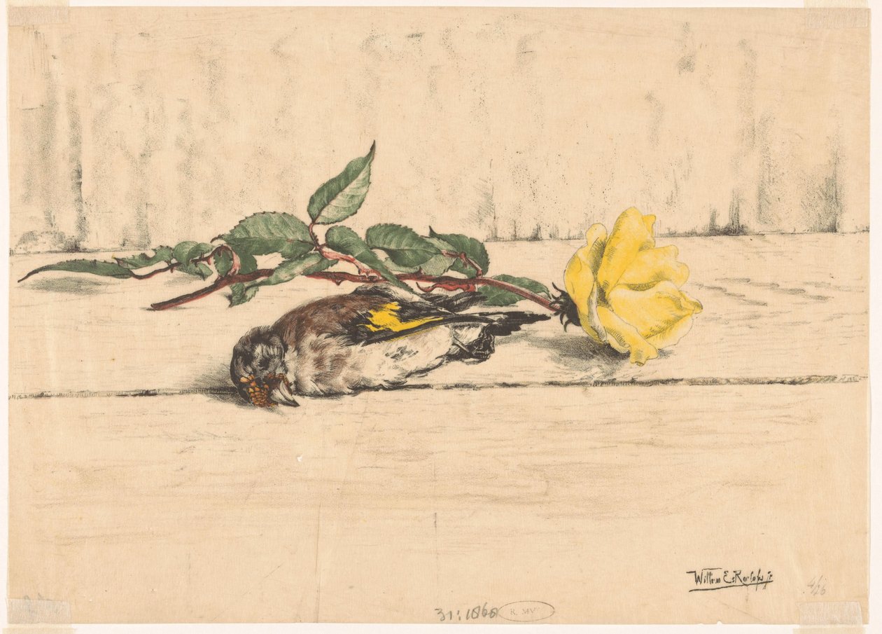 Bir gülün yanında yatan ölü saka kuşu by Willem Roelofs (II) (signed by artist)
