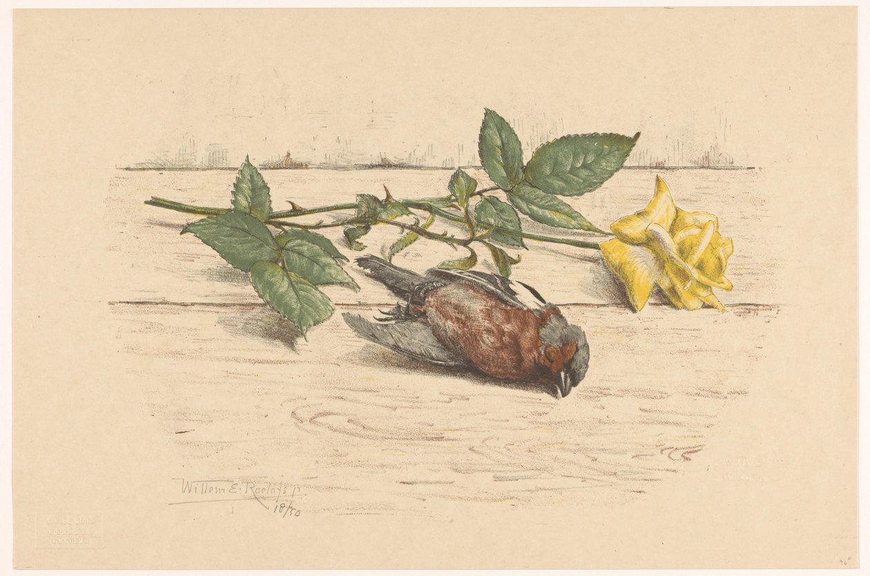 Bir gülün yanında yatan ölü ispinoz by Willem Roelofs (II) (signed by artist)