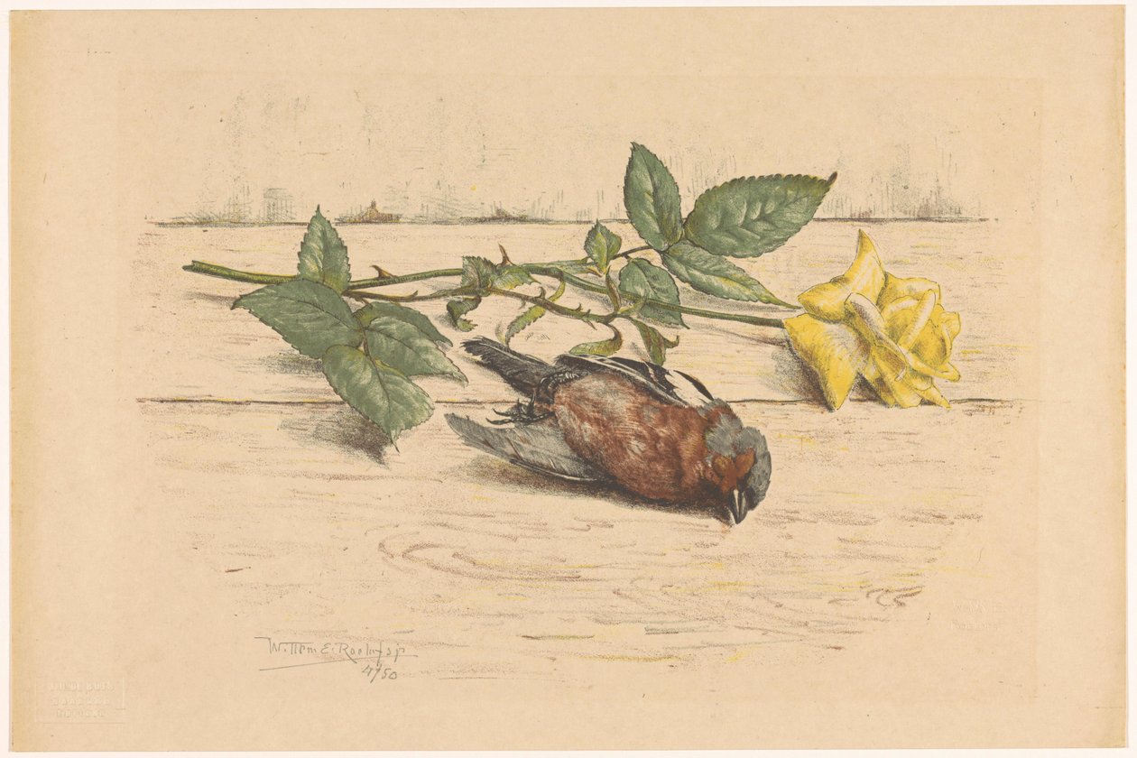 Bir gülün yanında yatan ölü ispinoz by Willem Roelofs (II) (signed by artist)