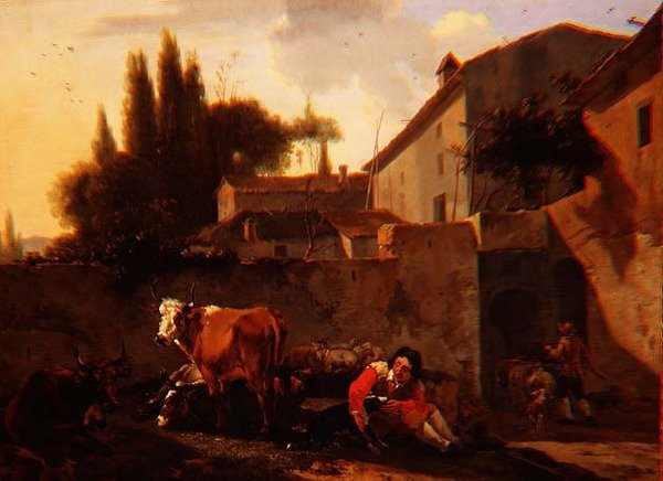 Bir İtalyan çiftliğinin avlusunda bir Çoban ve sığır by Willem Romeyn