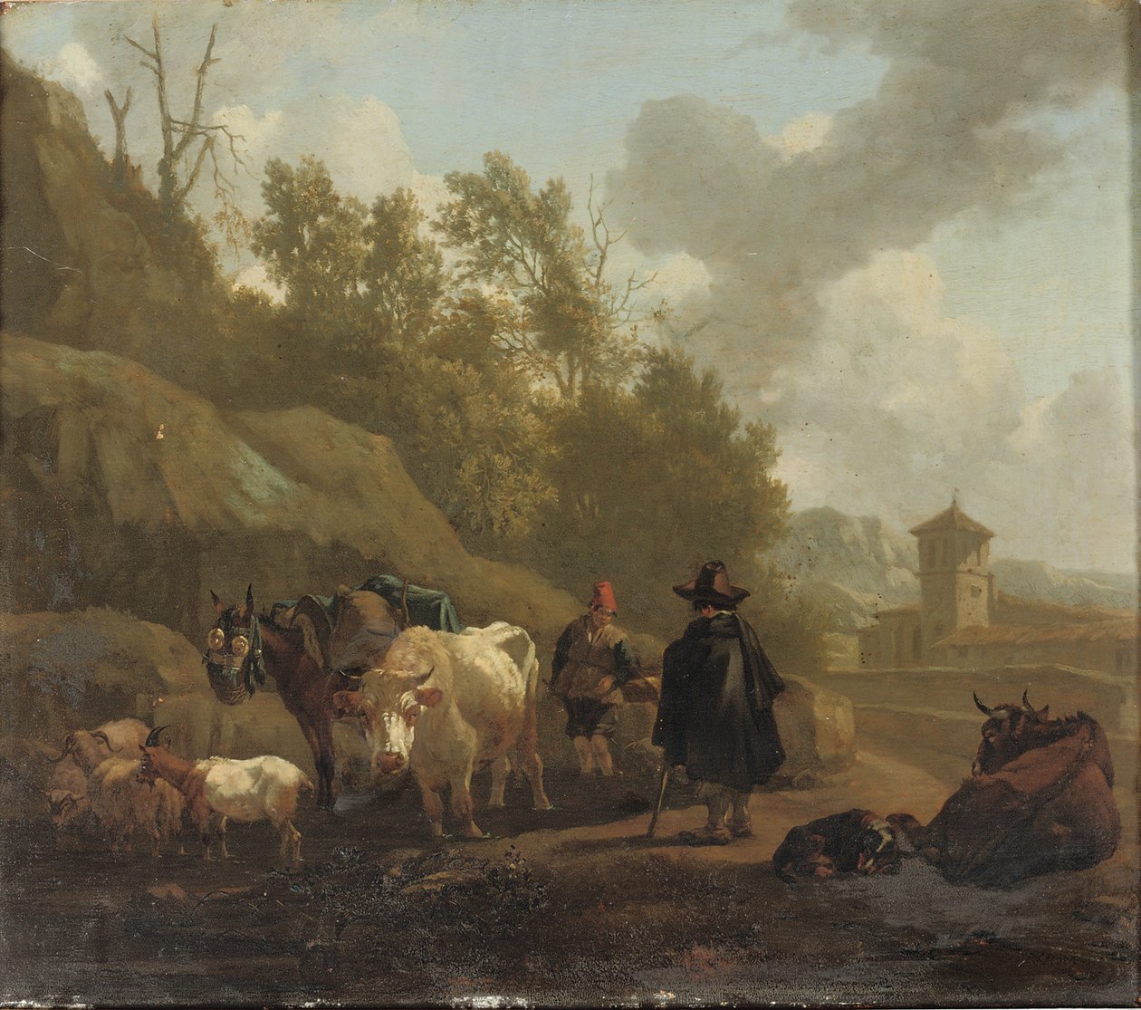 İtalyan tarzında bir manzarada bir inek ve sığır by Willem Romeyn