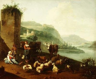 Bir çeşmenin yanında köylüler, sığırlar, koyunlar ve keçilerle dolu bir İtalyan manzarası by Willem Romeyn