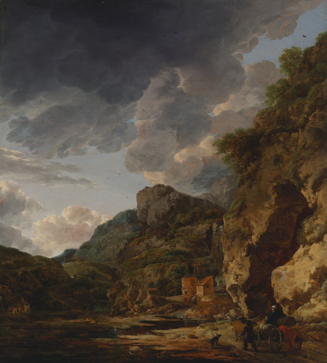 Nehir ve Arabalı Dağ Manzarası, 17. yüzyılın üçüncü çeyreği (panel üzerine yağlıboya) by Willem Schellinks
