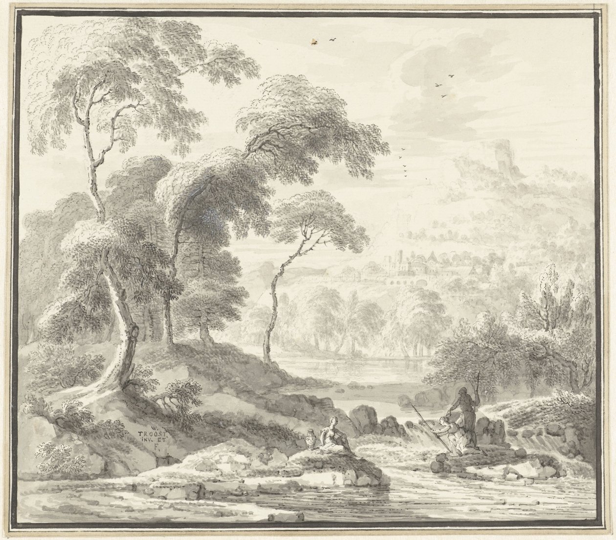 Bir dere tarafından kadınlarla pastoral tepelik manzara by Willem Troost (I)