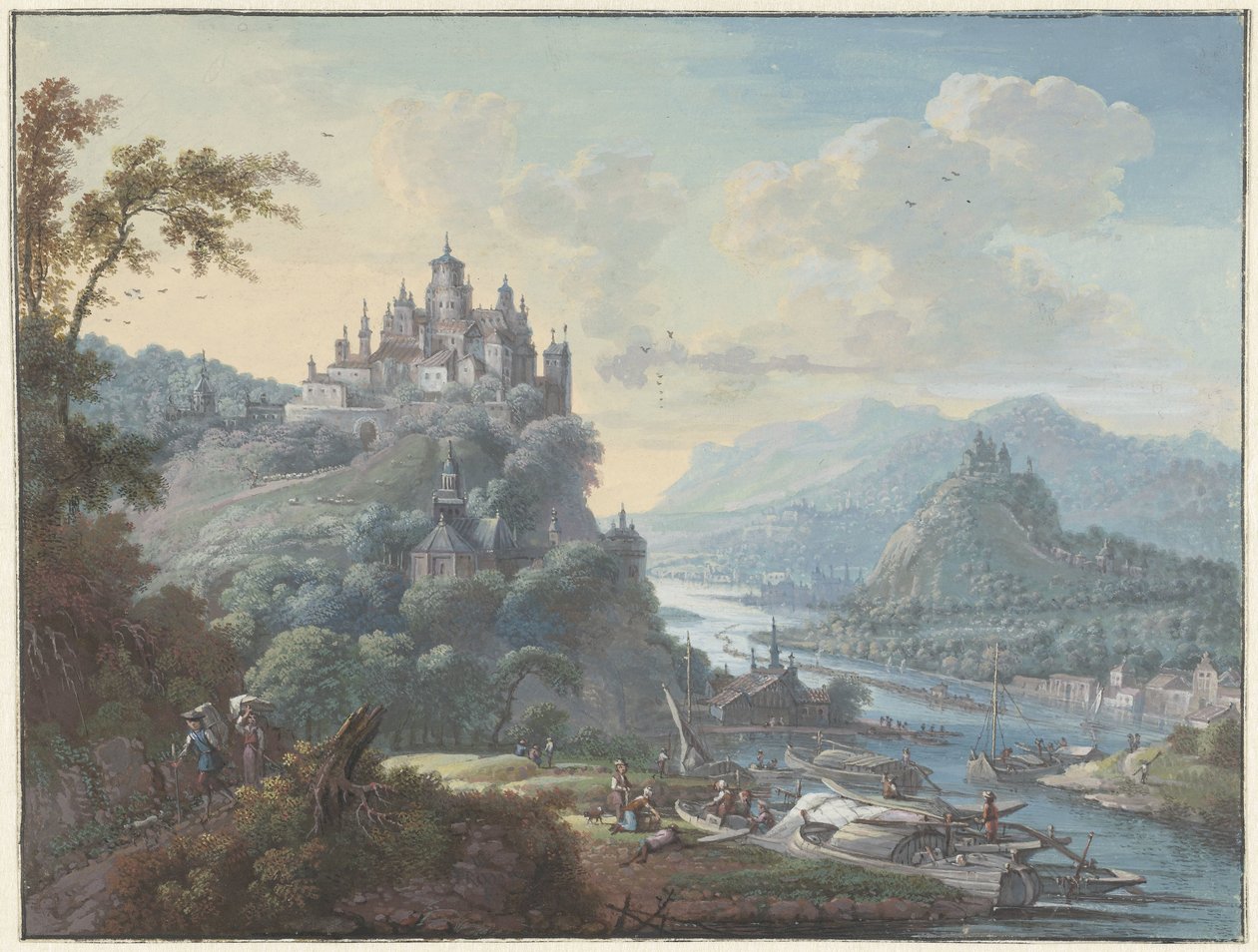 Bir tepe kasabası olan nehir manzarası by Willem Troost (I)