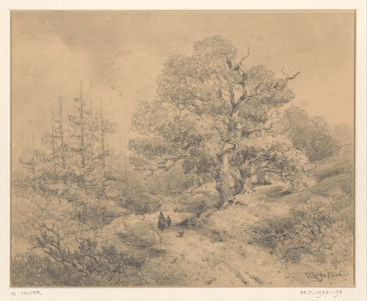 Ağaçlar, iki figür ve bir köpek ile manzara by Willem Valter Pzn