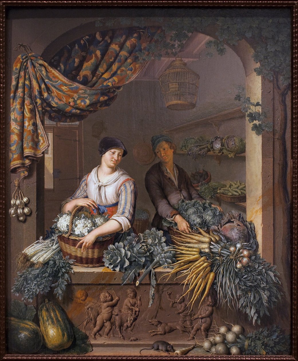 Bir sebze satıcısı. Willem van Mieris (1662-1747), ahşap üzerine yağlı boya tablosu by Willem Van Mieris