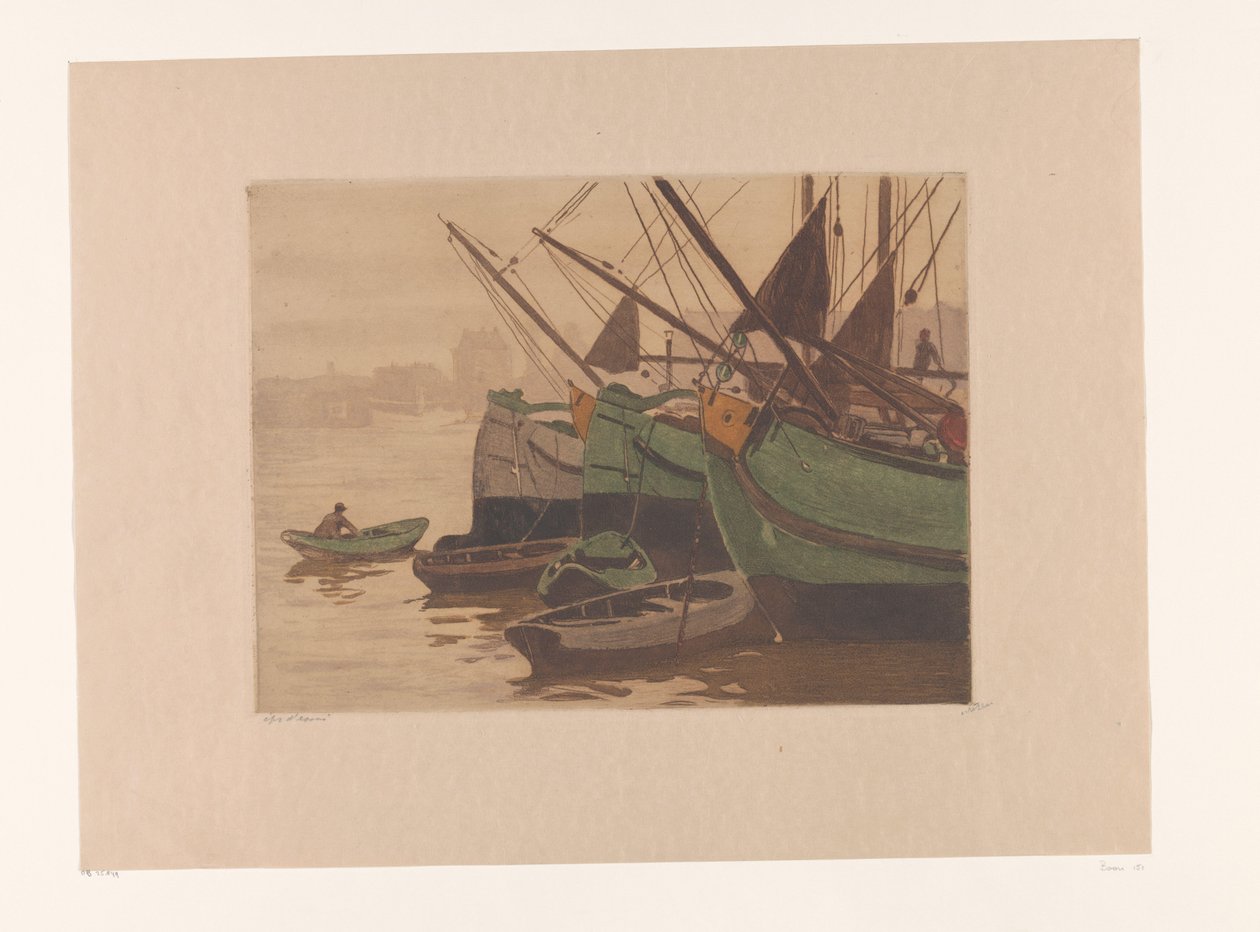 IJ Schuiten'de Lüteriyen kilisesi ile IJ Schuiten'de kayıklı üç turba mavnası (orijinal adı) Üç mavna (orijinal adı) by Willem Witsen (signed by artist)