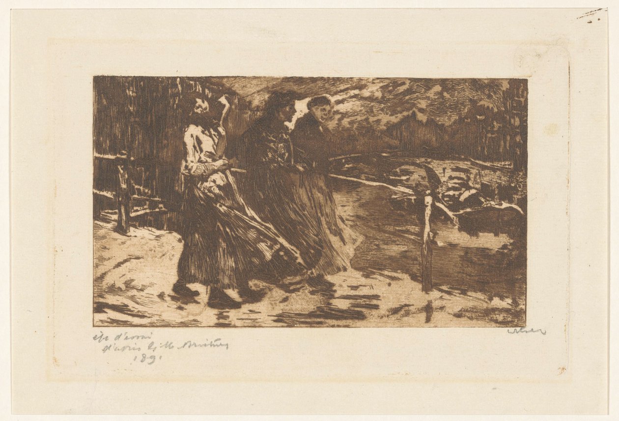 Yağmurda ve rüzgarda bir köprüde üç kadın by Willem Witsen (signed by artist)