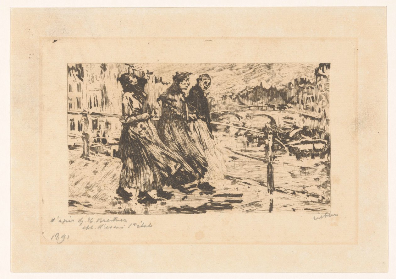 Rüzgar ve yağmurda bir köprüde üç kadın by Willem Witsen (signed by artist)