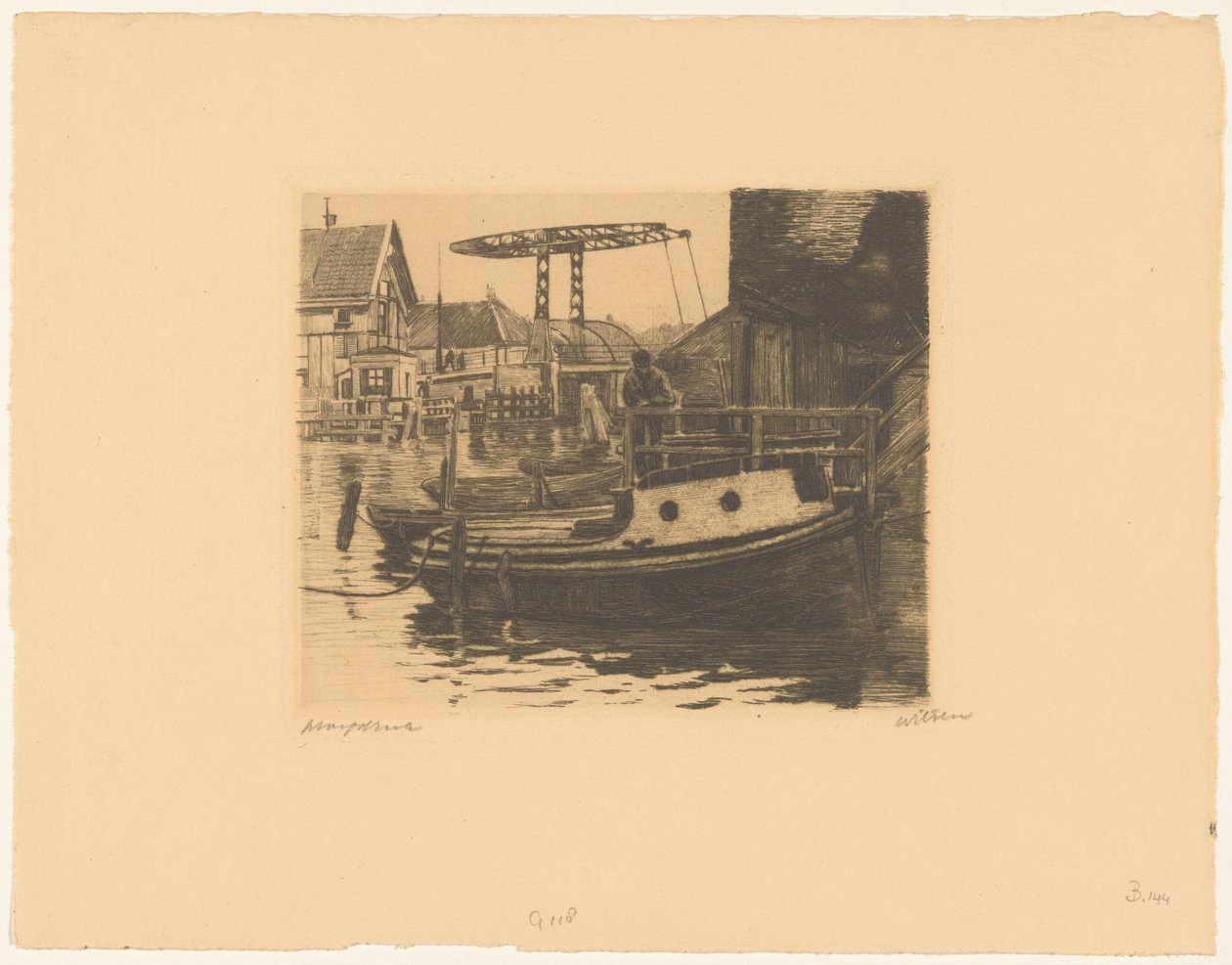 Kalkmarkt ve Amsterdam'daki Gravenhekje arasındaki asma köprünün görünümü by Willem Witsen (signed by artist)
