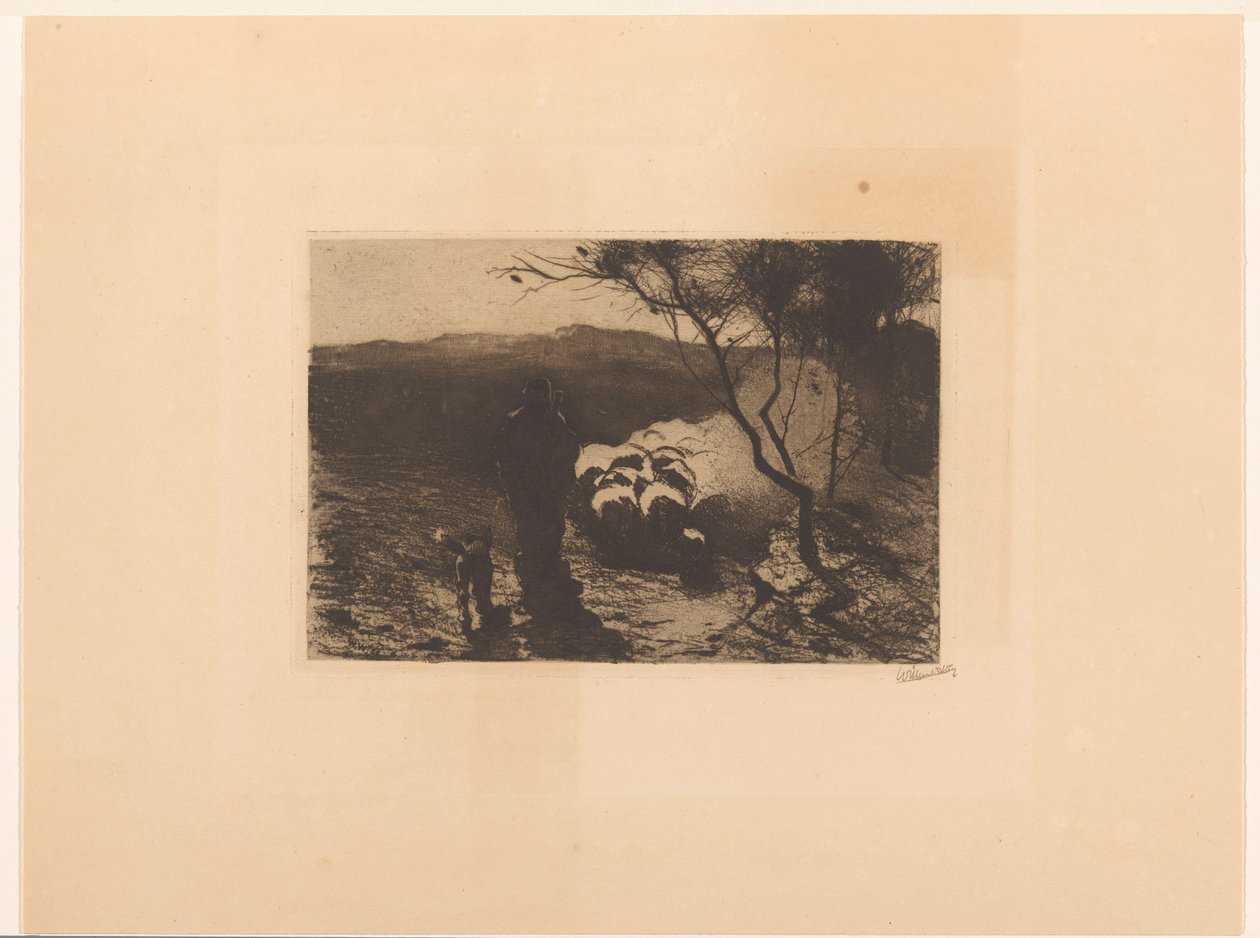 Sürünün arkasında bir köpekle çoban by Willem Witsen (signed by artist)