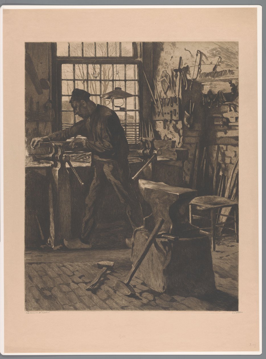 Pencerenin yanında bir mengene ile çalışan demirci Pencerenin önünde köy demircisi (Bram) (orijinal başlık) by Willem Witsen (signed by artist)