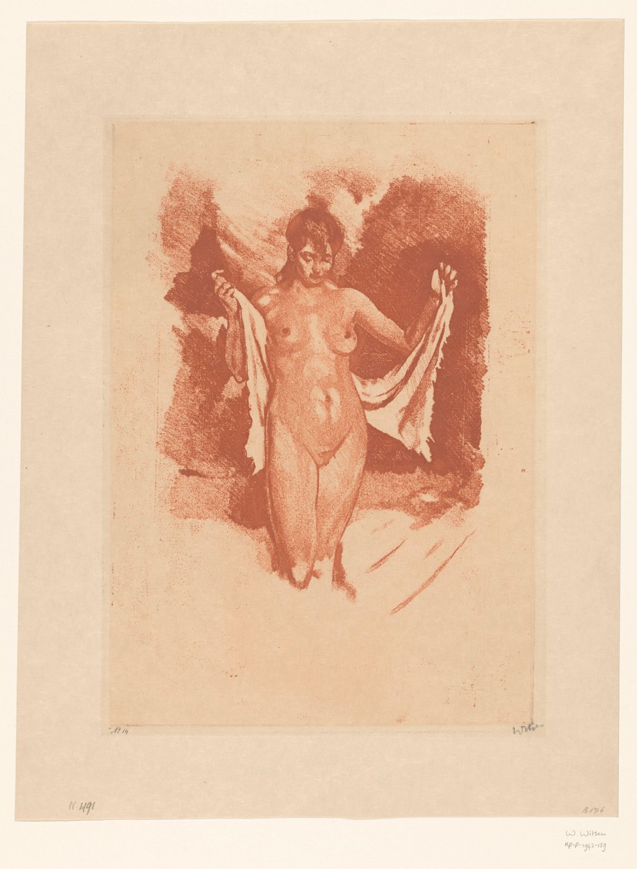 Ayakta çıplak kadın kendini kurutma by Willem Witsen (signed by artist)