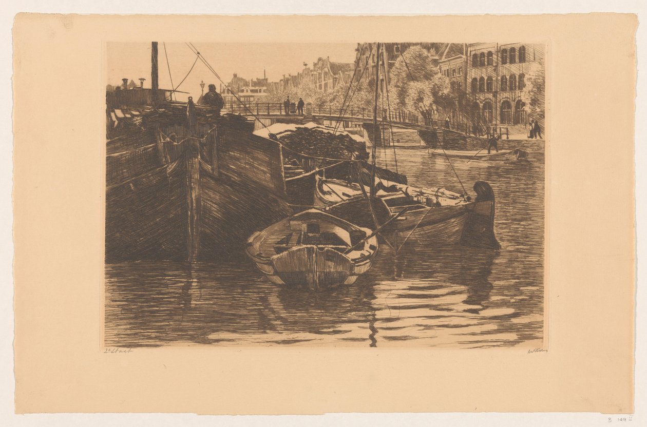 Amsterdam'daki Oude Schans'ta turba gemileri by Willem Witsen (signed by artist)