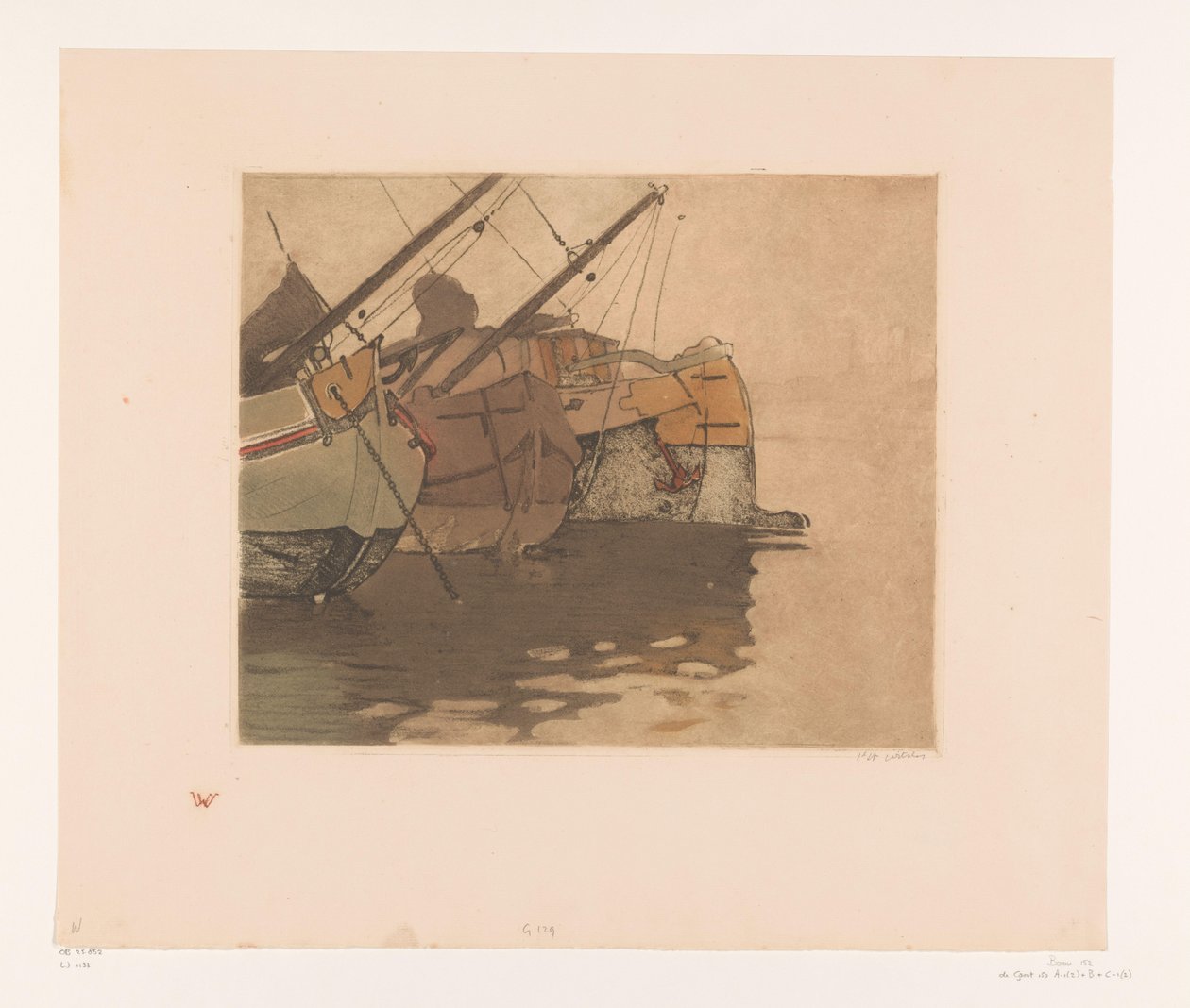 Üç kuleli IJ mavnalarında turba gemileri (orijinal başlık) Beş mavna (orijinal başlık) by Willem Witsen (signed by artist)